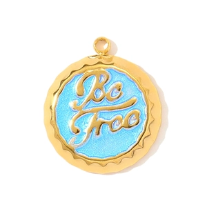 Detail of round bottle cap pendant with Be Free engraving and gold wavy border