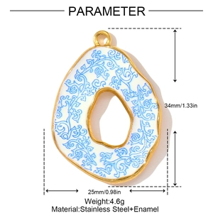 Vintage blue floral porcelain sunflower pendant in stainless steel with gold plating