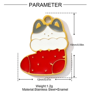 Details zum Weihnachtsstrumpf-Katzenanhänger mit Maßen aus Edelstahl und Emaille-Finish