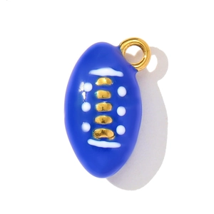 Detailed view of blue enamel American football charm with gold metal hanging loop