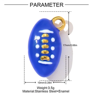 Detailed view of dark blue enamel rugby pendant with 17x10mm dimensions and weight specs