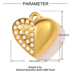 Detail of 16mm gold heart pendant with ABS pearls and stainless steel dimensions