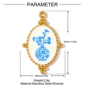 Detail of oval sunflower pendant with blue floral enamel pattern and gold beaded border