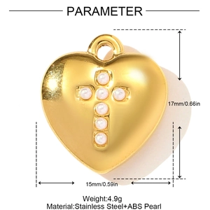 Detail showing dimensions of golden heart pendant with pearl cross and stainless steel tag