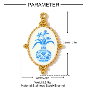 Detailed size specifications of the vintage blue floral enamel sunflower pendant