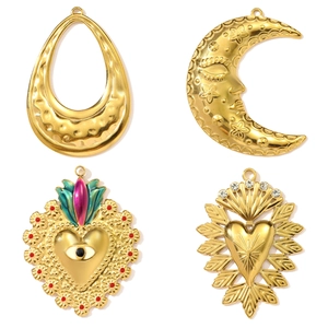 French Vintage Stainless Steel Sacred Heart Moon Teardrop Pendants Rhinestone Enamel Charms For DIY Necklace Jewelry Making Findings Women