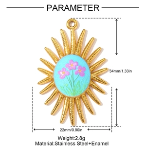 Detailed dimensions of the sunflower pendant in stainless steel with blue enamel finish