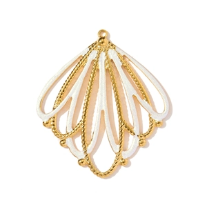 Detailed macro view of a scallop-shaped gold metal pendant with white frosted texture