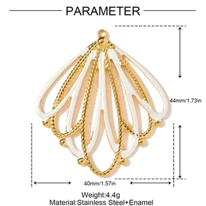 Golden scallop shell pendant in stainless steel with white enamel and size details