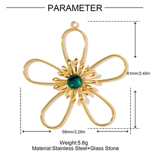 Detailed parameter view of large stainless steel gold flower pendant with green glass stone