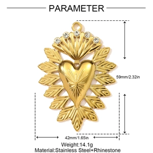 Sacred heart style gold stainless steel heart pendant with sparkling rhinestones for necklace
