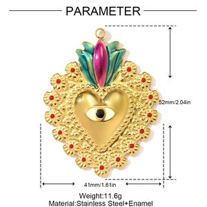 Detailed dimensions of a vintage sacred heart pendant in stainless steel and enamel