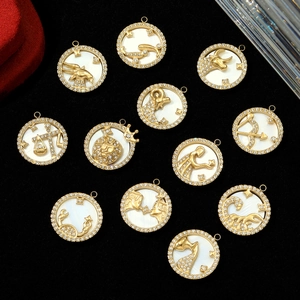 Pendentifs zodiaque français en acier inoxydable doré 18 carats avec nacre et cristaux