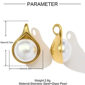 Detail view of teardrop pearl pendant with dimensions: 19mm height and 14mm width
