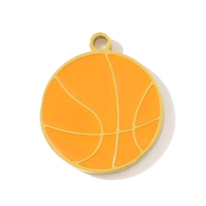 Detailed view of the orange enamel basketball pendant with gold metallic stitching lines