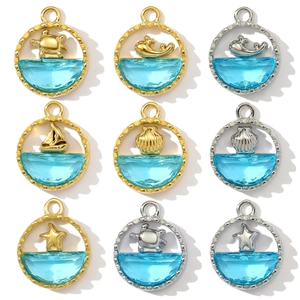 Stainless Steel Ocean Theme Blue Zircon Pendants Turtle Whale Starfish Shell Sailboat Round Charms For DIY Jewelry Making