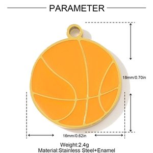 Macro view of basketball pendant in orange enamel with stainless steel size specs