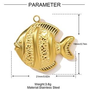 Polished gold stainless steel fish pendant charm showing precise 21mm by 19mm dimensions