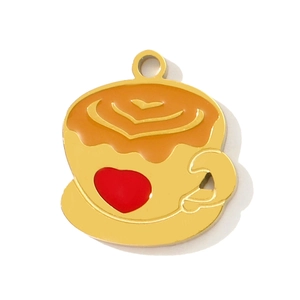 Detail of coffee cup pendant with orange enamel and red heart in golden finish