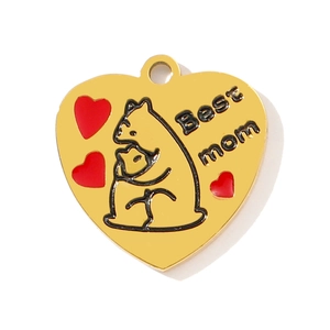 Golden heart-shaped pendant with bear illustration and Best Mom engraving for necklaces