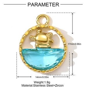 Gold stainless steel turtle pendant with blue zircon and round sea animal frame