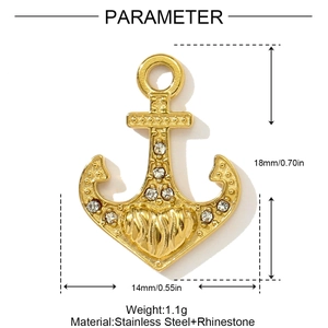 Detail showing gold stainless steel anchor pendant with rhinestones and dimensions