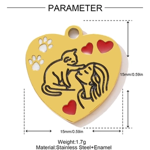 Macro detail of a 15mm heart-shaped gold stainless steel pendant with girl and cat silhouette