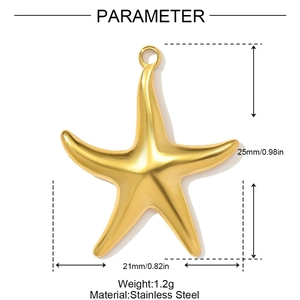 Detailed dimension drawing of a gold starfish stainless steel pendant showing its size and weight