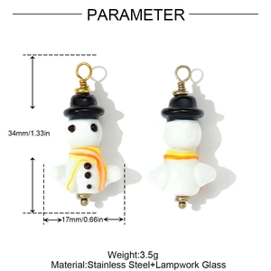 Detail view of snowman pendant with lampwork glass and stainless steel dimensions