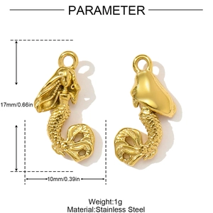 Detailed size view of gold mermaid pendant in stainless steel with 17mm height