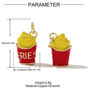 French fries charm pendant in red and yellow enamel with dimensions and weight