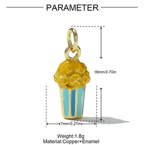 Detail of popcorn bucket charm in gold and blue enamel with dimensions and 1.8g weight