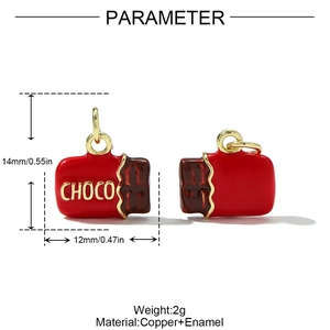 Macro view showing dimensions of chocolate bar charm in red enamel and copper