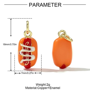 Detail view of 18mm x 7mm enamel hot dog charm with copper base and size parameters