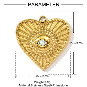 Technical drawing showing 18x18mm dimensions of gold heart pendant with rhinestone