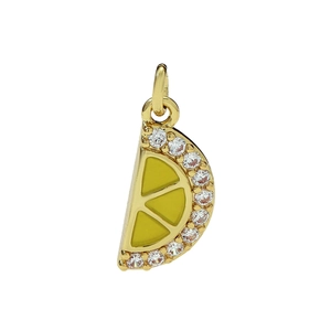 Detailed view of lemon slice pendant with yellow enamel and paved white zircons