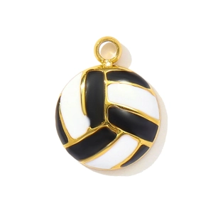 Detail of a volleyball pendant with black and white enamel finish in gold stainless steel