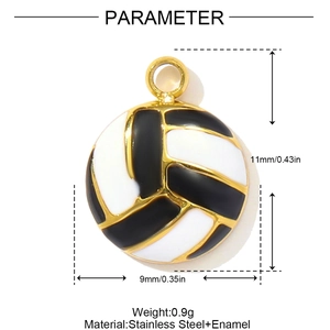 Detail view of enamel volleyball pendant showing 11x9mm size and stainless steel material