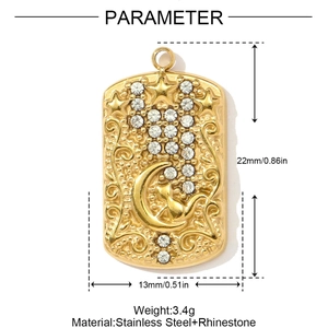 Detailed view of golden stainless steel moon and cat pendant with dimensions and weight