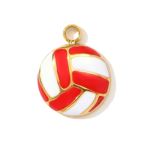 Macro view of a red and white enamel volleyball pendant with gold plated metal edges