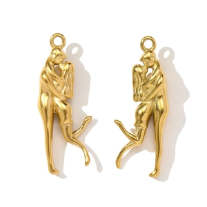 Detailed view of 3D gold-plated stainless steel romantic couple kissing pendants