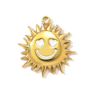 Polished gold stainless steel sun pendant with heart eyes and smiling face charm