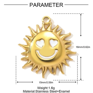Golden stainless steel sun pendant with white smiley face and heart eyes charm