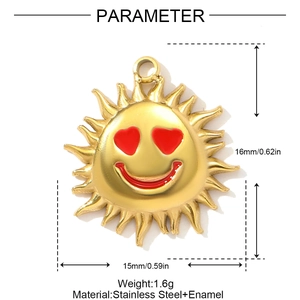 Technical drawing of a 16x15mm stainless steel sun smiley face pendant with red enamel