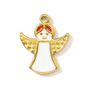 Detailed view of a gold stainless steel angel pendant with red and white enamel accents