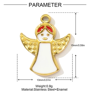 Detailed view of white enamel angel pendant with gold edges and dimensions 15x13mm