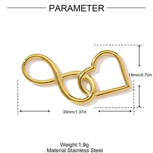 Detailed size chart for 1.9g gold stainless steel infinity heart pendant showing 35mm height