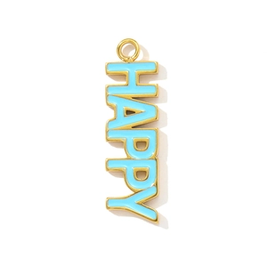 Macro shot of gold-plated HAPPY letter pendant with light blue enamel inlay and jump ring