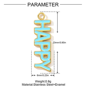 Detailed view of HAPPY letter pendant in gold stainless steel with blue enamel finish