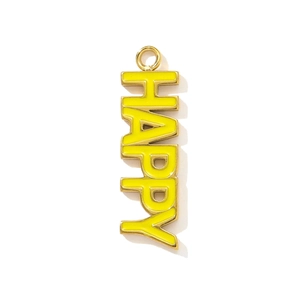 Detail of a golden stainless steel Happy charm with yellow enamel inlay and top loop